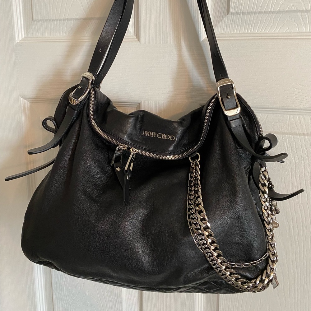 Jimmy Choo Blake handbag. Black biker leather.